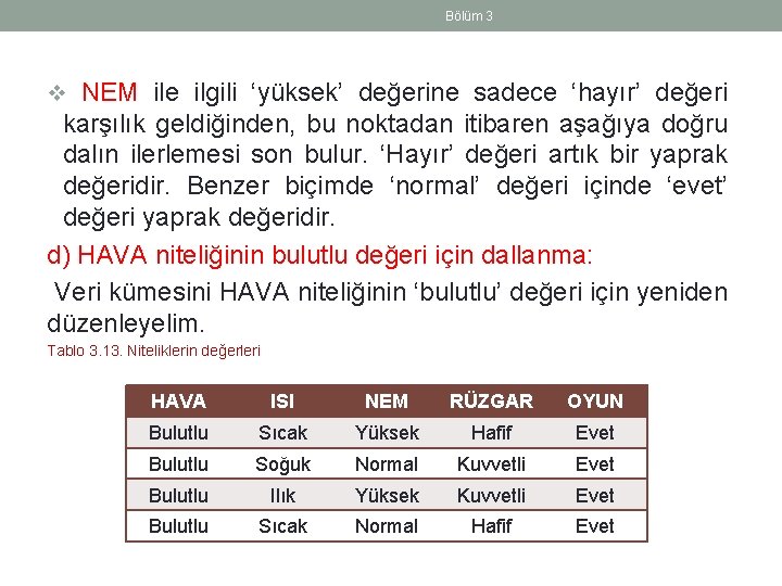 Bölüm 3 v NEM ile ilgili ‘yüksek’ değerine sadece ‘hayır’ değeri karşılık geldiğinden, bu