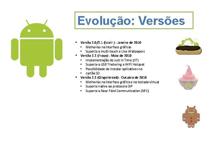 Evolução: Versões Versão 2. 0/2. 1 (Eclair ) - Janeiro de 2010 • Melhorias