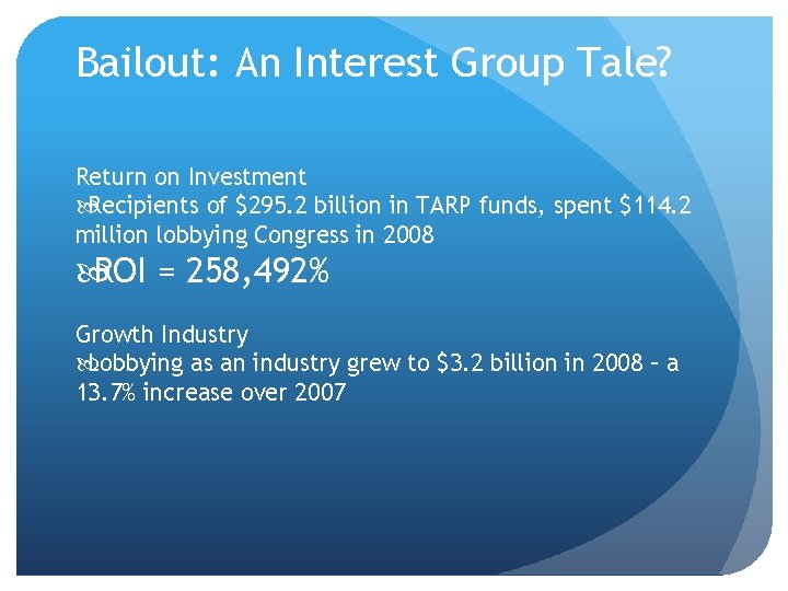 Bailout: An Interest Group Tale? Return on Investment Recipients of $295. 2 billion in
