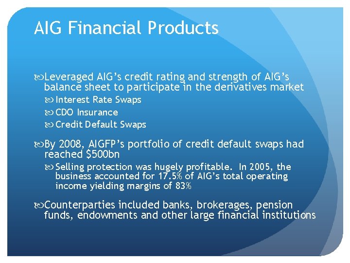 AIG Financial Products Leveraged AIG’s credit rating and strength of AIG’s balance sheet to