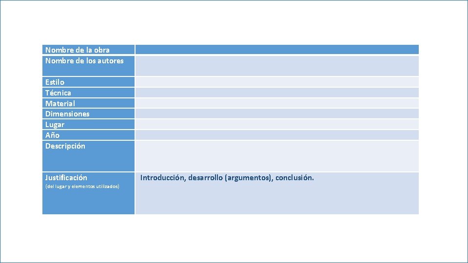 Nombre de la obra Nombre de los autores Estilo Técnica Material Dimensiones Lugar Año