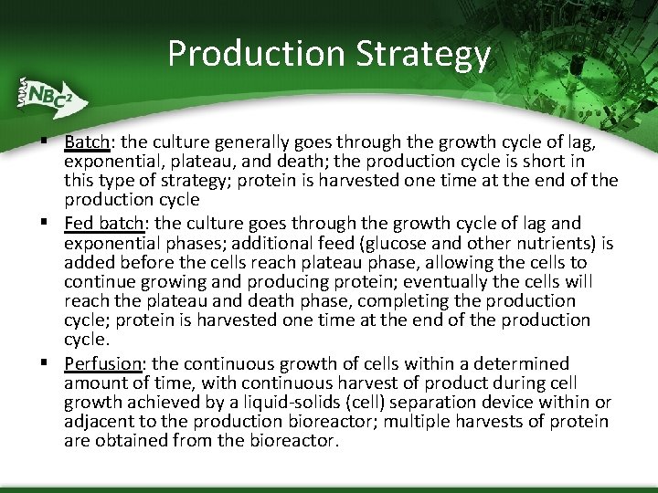 Production Strategy § Batch: the culture generally goes through the growth cycle of lag,