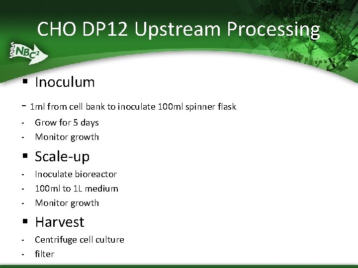 CHO DP 12 Upstream Processing § Inoculum - 1 ml from cell bank to