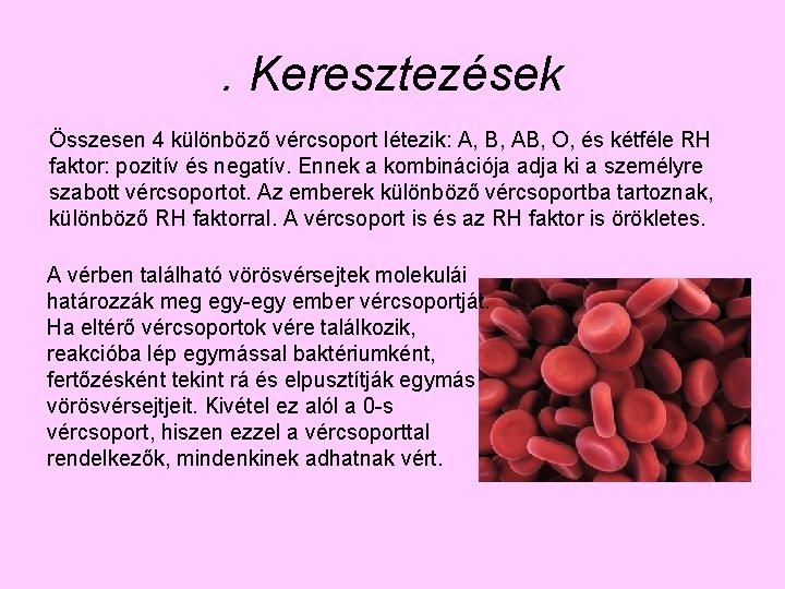 . Keresztezések Összesen 4 különböző vércsoport létezik: A, B, AB, O, és kétféle RH