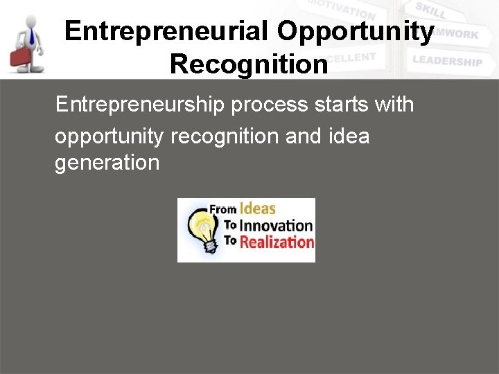 Entrepreneurial Opportunity Recognition Entrepreneurship process starts with opportunity recognition and idea generation Entrepreneurial Opportunity Recognition Entrepreneurship process starts with opportunity recognition and idea generation