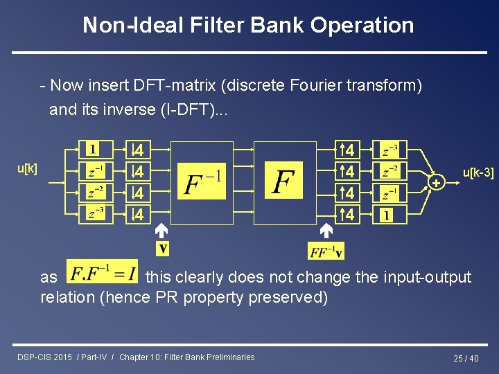 Non-Ideal Filter Bank Operation - Now insert DFT-matrix (discrete Fourier transform) and its inverse