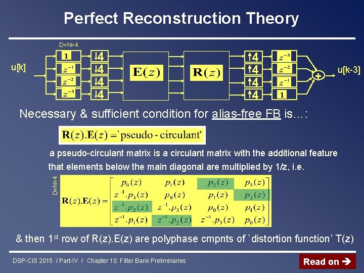 Perfect Reconstruction Theory D=N=4 4 4 u[k] 4 4 + u[k-3] Necessary & sufficient