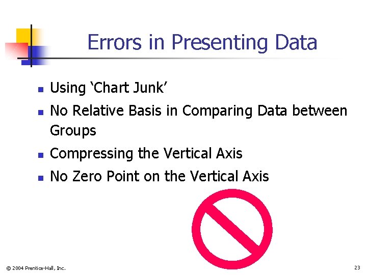 Errors in Presenting Data n n Using ‘Chart Junk’ No Relative Basis in Comparing