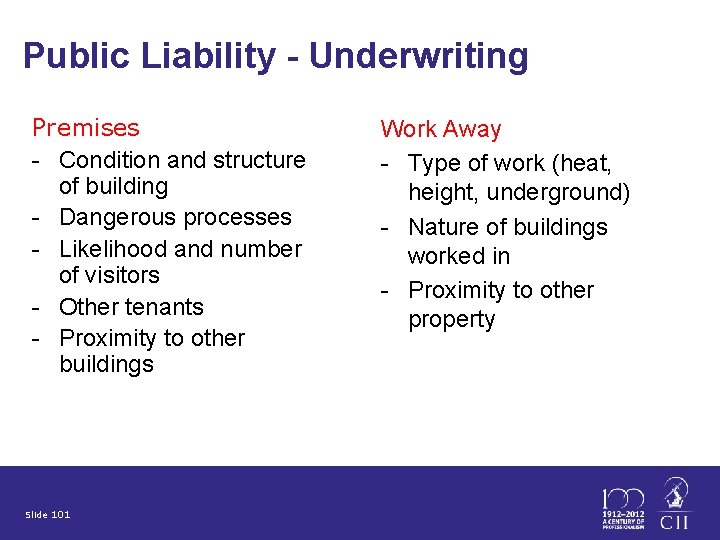 Public Liability - Underwriting Premises - Condition and structure of building - Dangerous processes