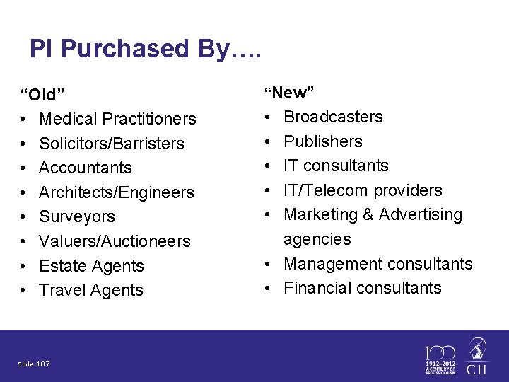 PI Purchased By…. “Old” • Medical Practitioners • Solicitors/Barristers • Accountants • Architects/Engineers •