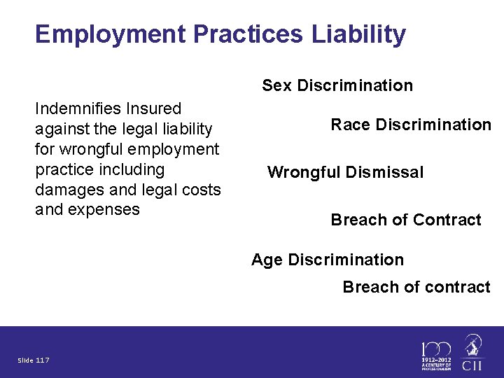 Employment Practices Liability Sex Discrimination Indemnifies Insured against the legal liability for wrongful employment