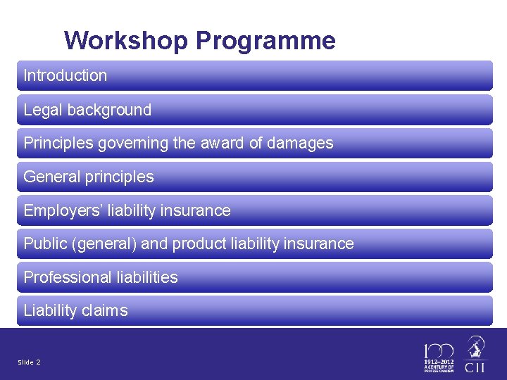 Workshop Programme Introduction Legal background Principles governing the award of damages General principles Employers’