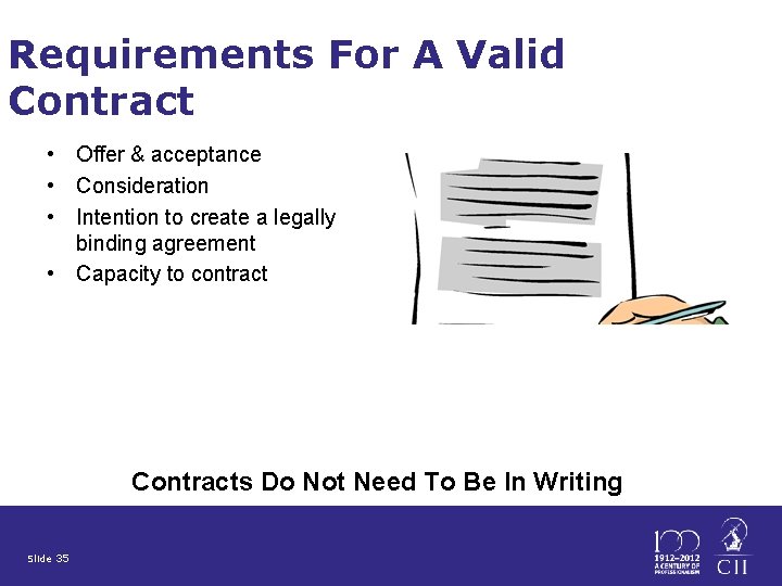 Requirements For A Valid Contract • Offer & acceptance • Consideration • Intention to