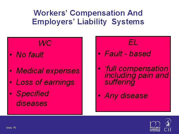 Workers’ Compensation And Employers’ Liability Systems WC • No fault EL • Fault -