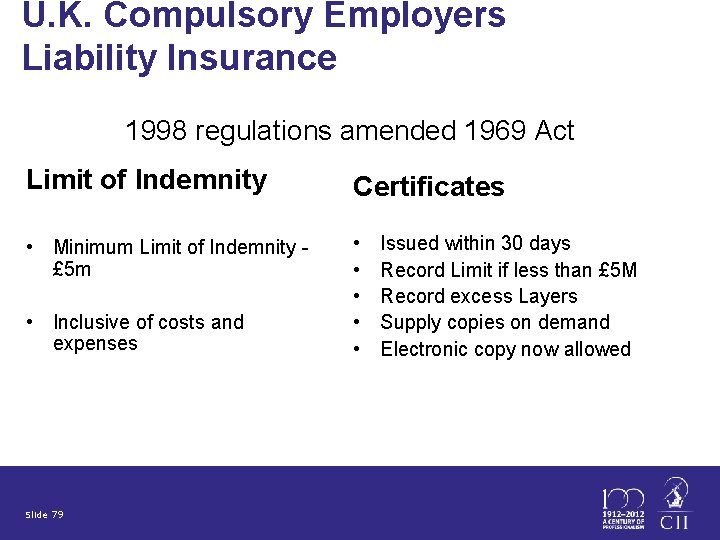U. K. Compulsory Employers Liability Insurance 1998 regulations amended 1969 Act Limit of Indemnity