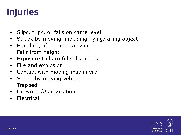 Injuries • • • Slide 82 Slips, trips, or falls on same level Struck