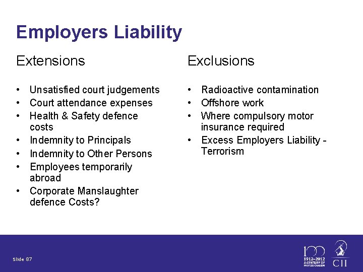 Employers Liability Extensions Exclusions • Unsatisfied court judgements • Court attendance expenses • Health
