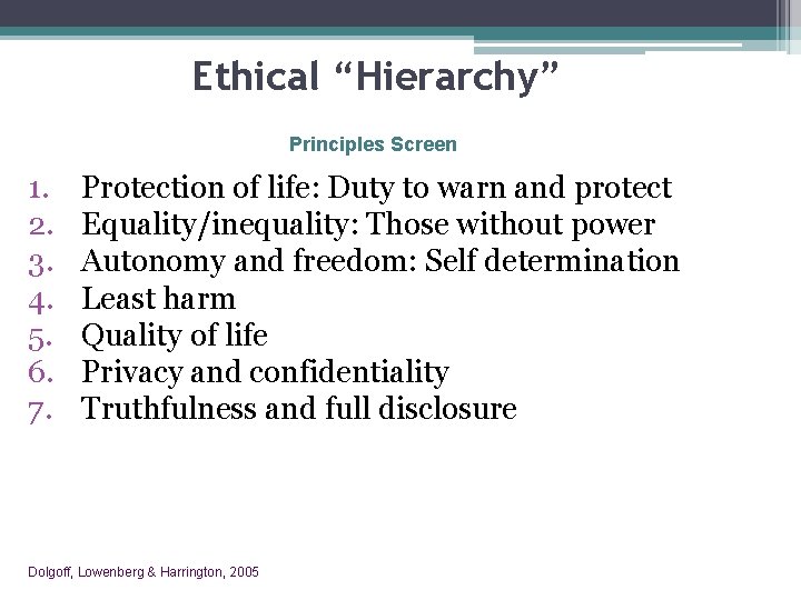 Ethical “Hierarchy” Principles Screen 1. 2. 3. 4. 5. 6. 7. Protection of life: