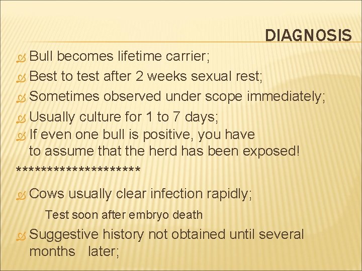 DIAGNOSIS Bull becomes lifetime carrier; Best to test after 2 weeks sexual rest; Sometimes