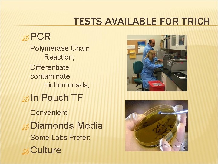 TESTS AVAILABLE FOR TRICH PCR Polymerase Chain Reaction; Differentiate contaminate trichomonads; In Pouch TF