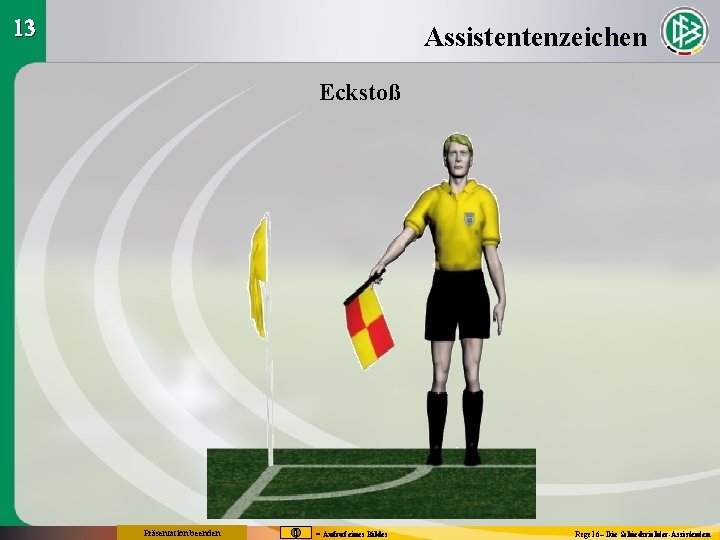 13 Assistentenzeichen Eckstoß Präsentation beenden = Aufruf eines Bildes Regel 6– Die Schiedsrichter-Assistenten 