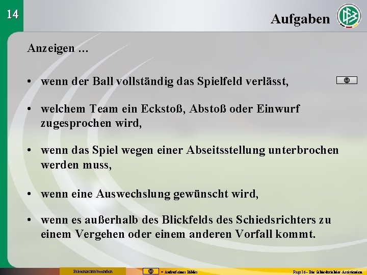 14 Aufgaben Anzeigen … • wenn der Ball vollständig das Spielfeld verlässt, • welchem