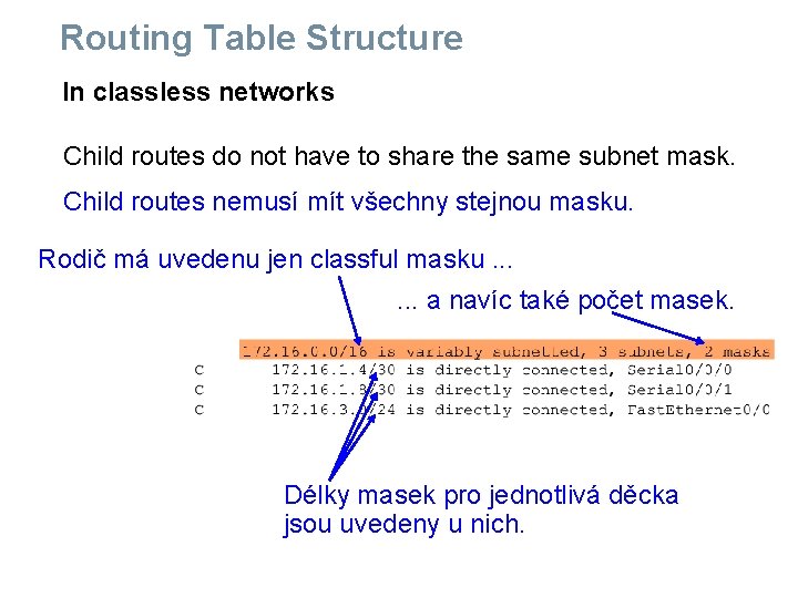 Routing Table Structure In classless networks Child routes do not have to share the Routing Table Structure In classless networks Child routes do not have to share the