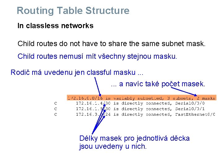 Routing Table Structure In classless networks Child routes do not have to share the