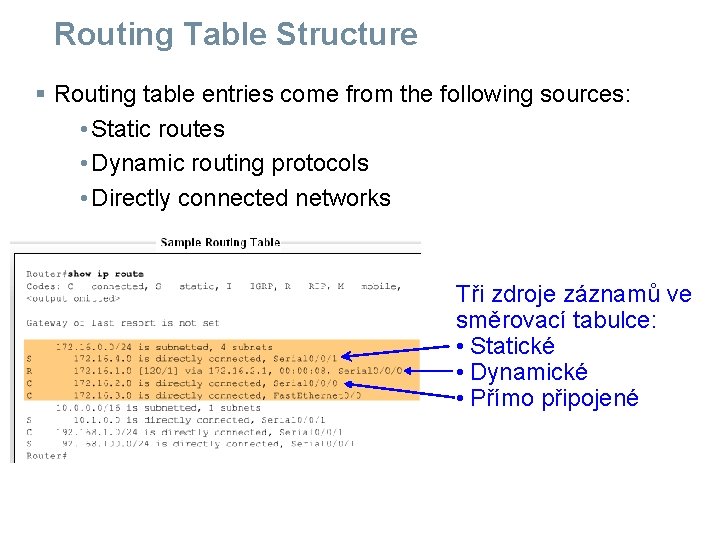 Routing Table Structure § Routing table entries come from the following sources: • Static