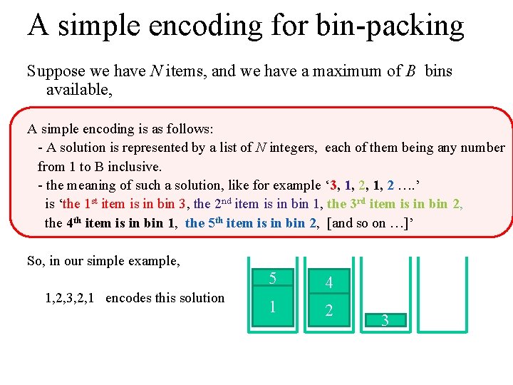 A simple encoding for bin-packing Suppose we have N items, and we have a