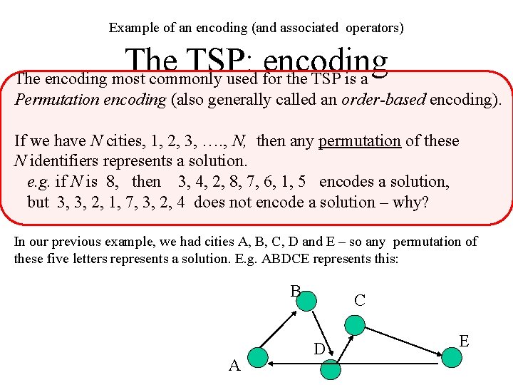 Example of an encoding (and associated operators) The TSP: encoding The encoding most commonly