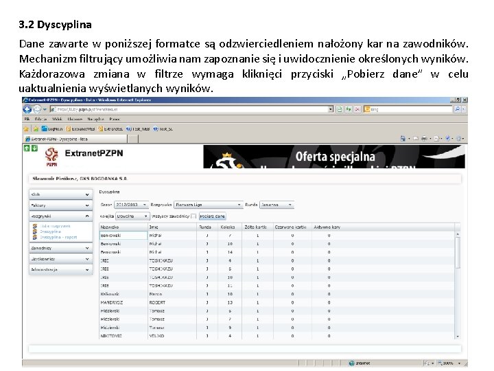 3. 2 Dyscyplina Dane zawarte w poniższej formatce są odzwierciedleniem nałożony kar na zawodników.