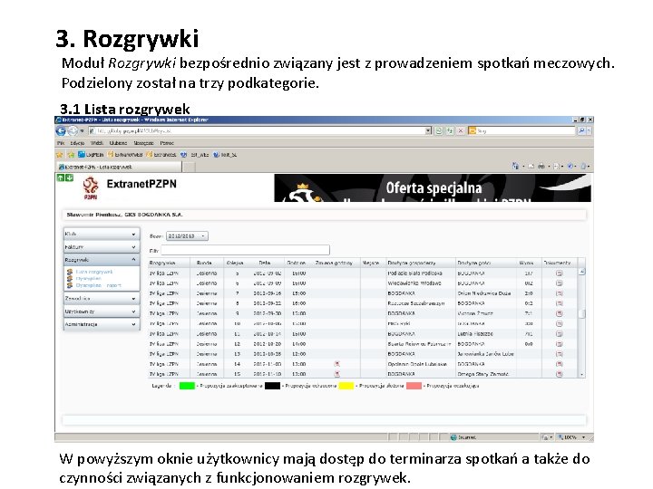 3. Rozgrywki Moduł Rozgrywki bezpośrednio związany jest z prowadzeniem spotkań meczowych. Podzielony został na