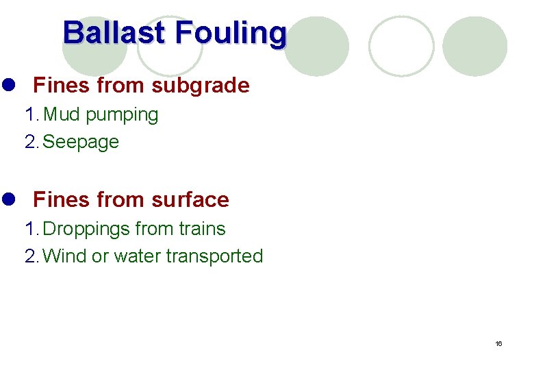 Ballast Fouling l Fines from subgrade 1. Mud pumping 2. Seepage l Fines from