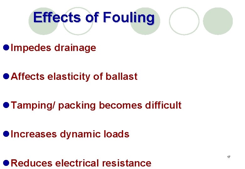 Effects of Fouling l Impedes drainage l Affects elasticity of ballast l Tamping/ packing