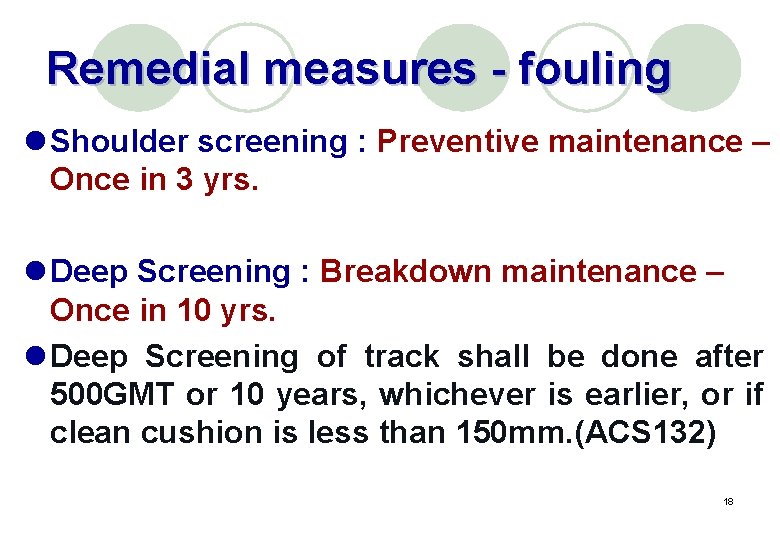 Remedial measures - fouling l Shoulder screening : Preventive maintenance – Once in 3