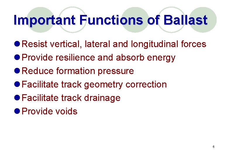 Important Functions of Ballast l Resist vertical, lateral and longitudinal forces l Provide resilience