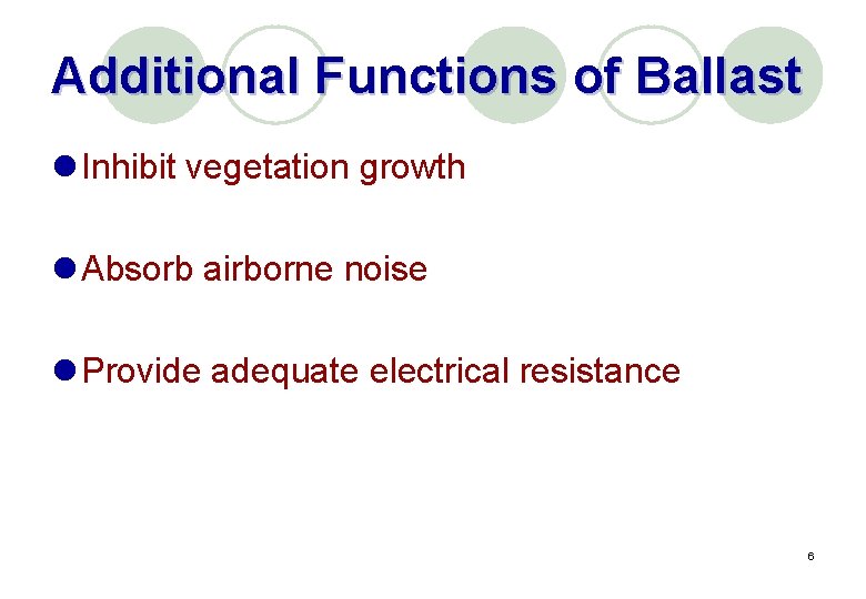 Additional Functions of Ballast l Inhibit vegetation growth l Absorb airborne noise l Provide