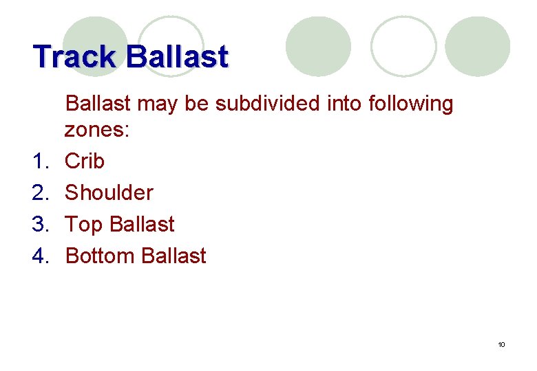 Track Ballast 1. 2. 3. 4. Ballast may be subdivided into following zones: Crib