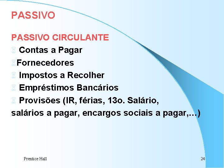 PASSIVO CIRCULANTE 6 Contas a Pagar 6 Fornecedores 6 Impostos a Recolher 6 Empréstimos