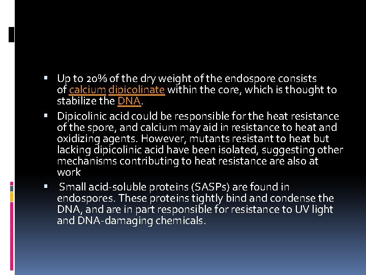  Up to 20% of the dry weight of the endospore consists of calcium