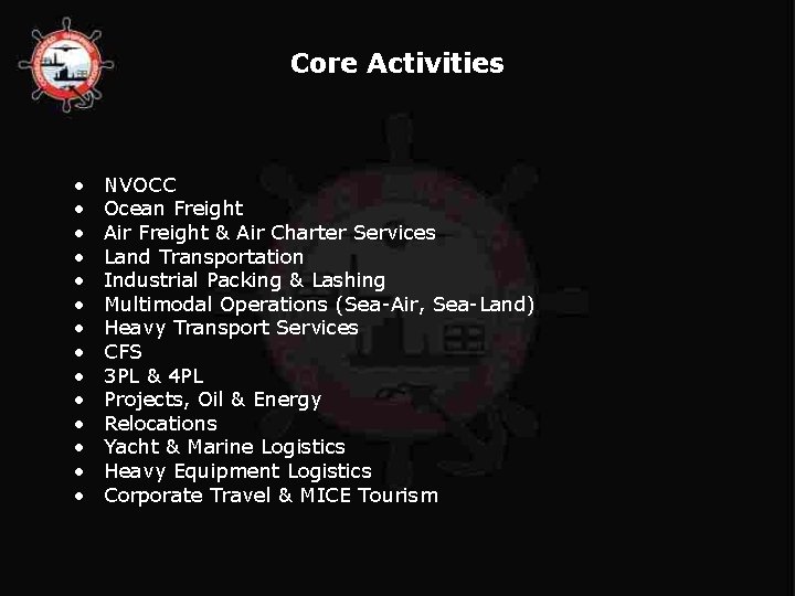 Core Activities • • • • NVOCC Ocean Freight Air Freight & Air Charter