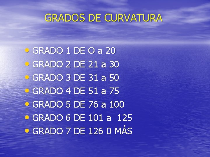 GRADOS DE CURVATURA • GRADO 1 DE O a 20 • GRADO 2 DE