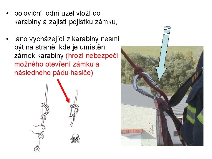  • poloviční lodní uzel vloží do karabiny a zajistí pojistku zámku, • lano