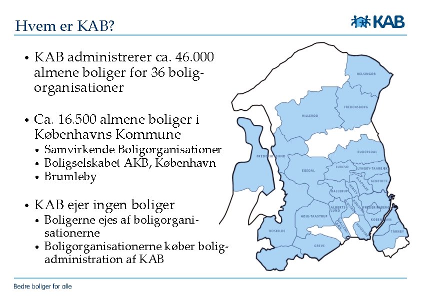 Hvem er KAB? • KAB administrerer ca. 46. 000 almene boliger for 36 boligorganisationer