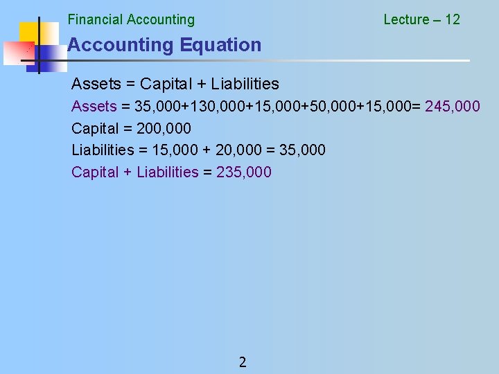Financial Accounting Lecture – 12 Accounting Equation Assets = Capital + Liabilities Assets =