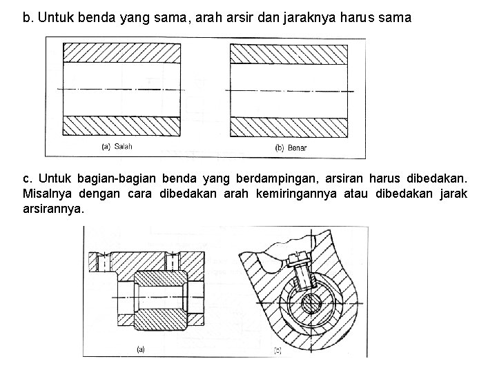 b. Untuk benda yang sama, arah arsir dan jaraknya harus sama c. Untuk bagian-bagian