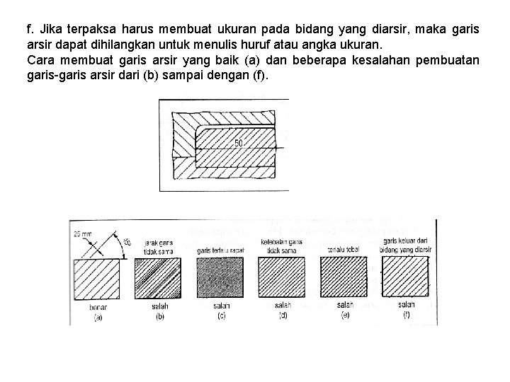 f. Jika terpaksa harus membuat ukuran pada bidang yang diarsir, maka garis arsir dapat