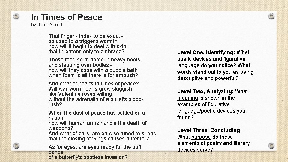 In Times of Peace by John Agard That finger - index to be exact