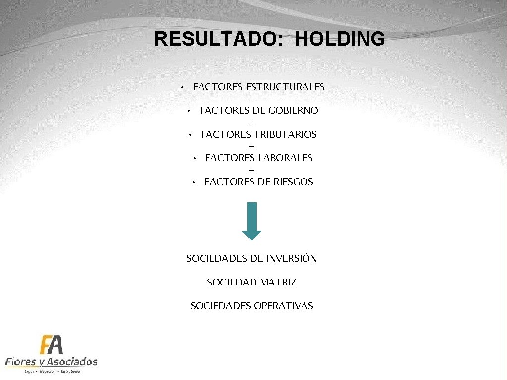 RESULTADO: HOLDING • FACTORES ESTRUCTURALES + • FACTORES DE GOBIERNO + • FACTORES TRIBUTARIOS